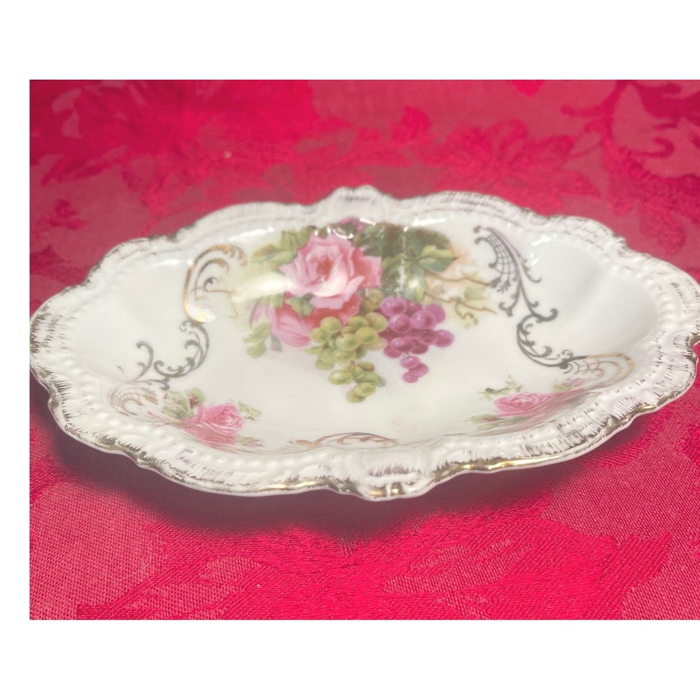 Antique PM Moschendorf Porcelain Small Oval Dish Hand Painted Roses Grapes 1895